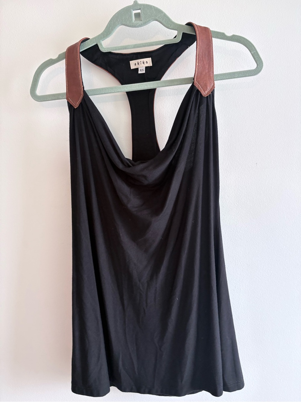 Akiko Black Y2K Draped Tank with Brown Leather Straps